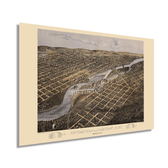 HISTORIX 1867 Minneapolis & St Anthony Minnesota Map Vintage Poster Wall Art Print, 24 x 36 Inch