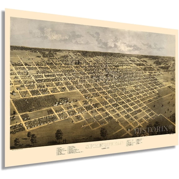 HISTORIX 1867 Springfield Illinois Map Vintage Poster Wall Art Print, 24 x 36 Inch