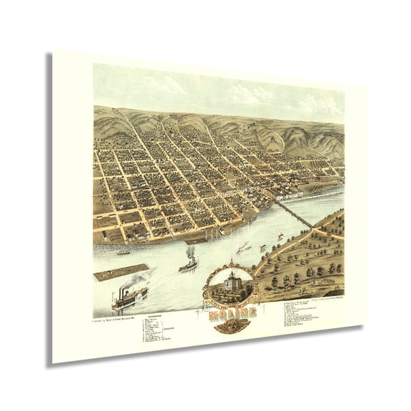 HISTORIX 1869 Moline Rock Island County Illinois Map Vintage Poster Wall Art Print, 18 x 24 Inch