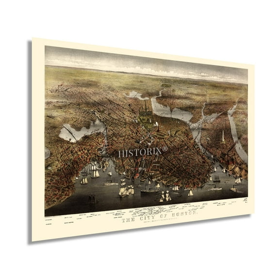 HISTORIX 1873 Boston City Massachusetts Map Vintage Poster Wall Art Print, 24 x 36 Inch
