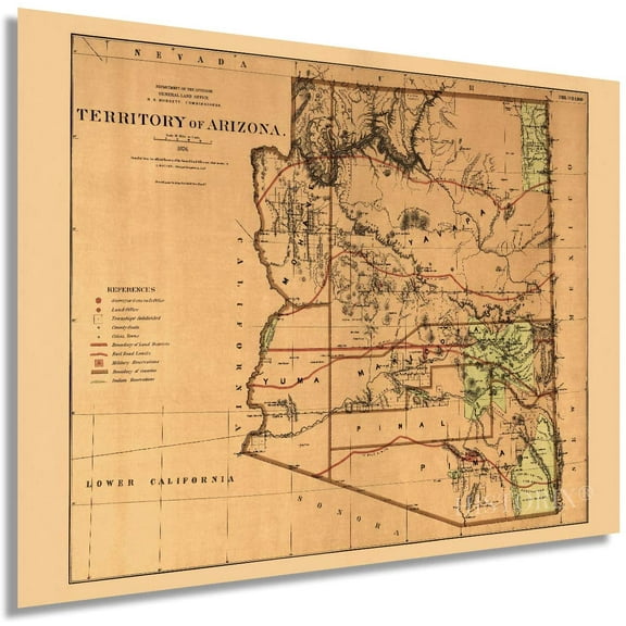 HISTORIX 1876 Arizona Territory Map Vintage Poster Wall Art Print, 18 x 24 Inch