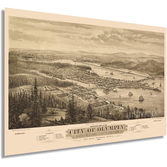 HISTORIX 1879 Olympia Washington Vintage Map Poster Wall Art Print, 24 x 36 Inch