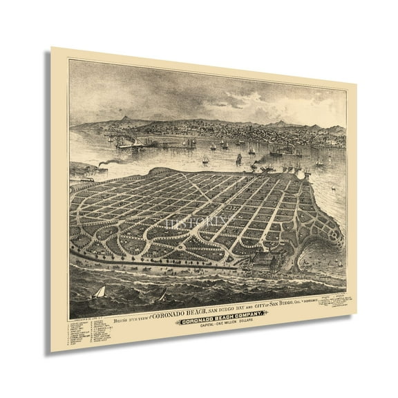 HISTORIX 1880 Coronado Beach San Diego California Map Vintage Poster Wall Art Print, 18 x 24 Inch
