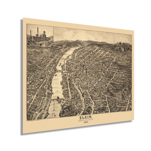 HISTORIX 1880 Elgin Kane County Illinois Vintage Map Poster Wall Art Print, 24 x 30 Inch