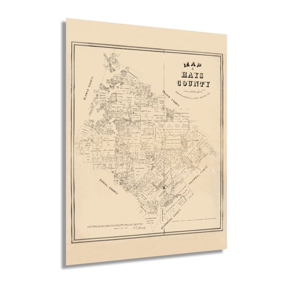 HISTORIX 1880 Hays County Texas Vintage Map Poster Wall Art Print, 18 x 24 Inch