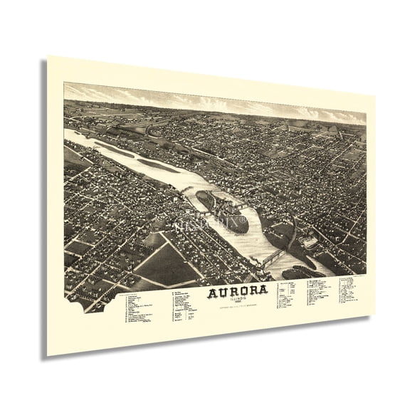 HISTORIX 1882 Aurora Illinois Map Vintage Poster Wall Art Print, 24 x 36 Inch