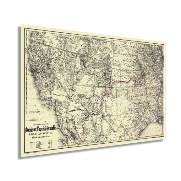 HISTORIX 1883 Map of Atchison Topeka Santa Fe Railroad System Vintage Poster Wall Art Print, 24 x 36 Inch