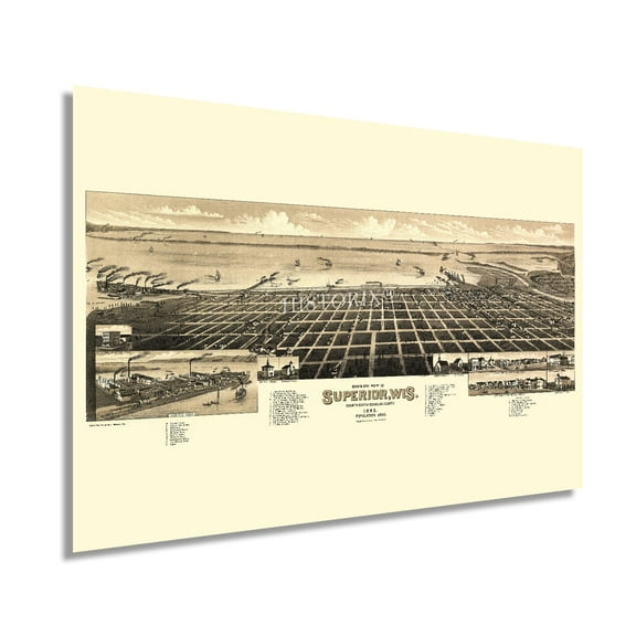 HISTORIX 1883 Superior Wisconsin Vintage Map Poster Wall Art Print, 24 x 36 Inch
