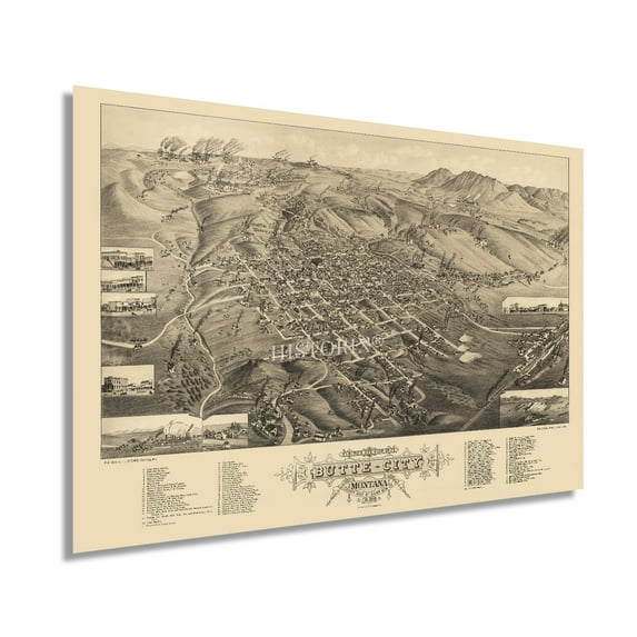 HISTORIX 1884 Butte City Montana Map Vintage Poster Wall Art Print, 24 x 36 Inch