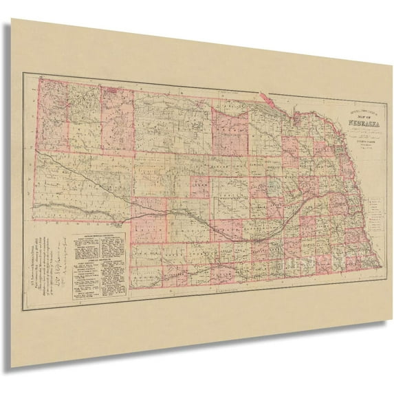 HISTORIX 1885 Nebraska Map - 24x36 Inch Vintage Map of Nebraska Wall Art Decor - Topographical Map of Nebraska Poster - Old Historic Nebraska State Map Showing Settlements Railroads (2 Sizes)