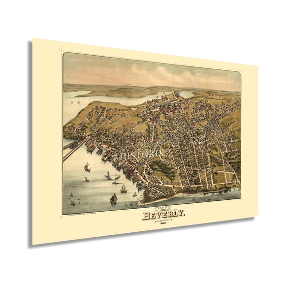 HISTORIX 1886 Beverly Massachusetts Map Vintage Poster Wall Art Print, 24 x 36 Inch