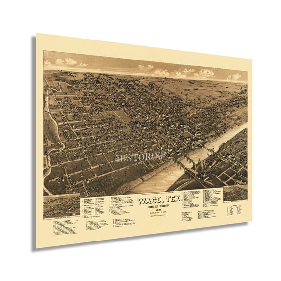 HISTORIX 1886 Waco Mclennan County Texas Map Vintage Poster Wall Art Print, 18 x 24 Inch