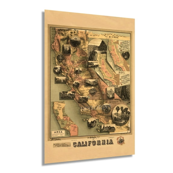 HISTORIX 1888 California State Map Vintage Poster Wall Art Print, 24 x 36 Inch