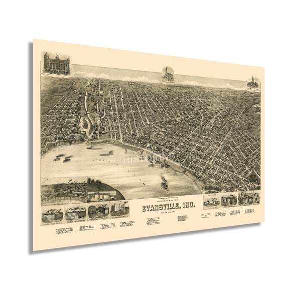 HISTORIX 1888 Evansville City Indiana Map Vintage Poster Wall Art Print, 24 x 36 Inch