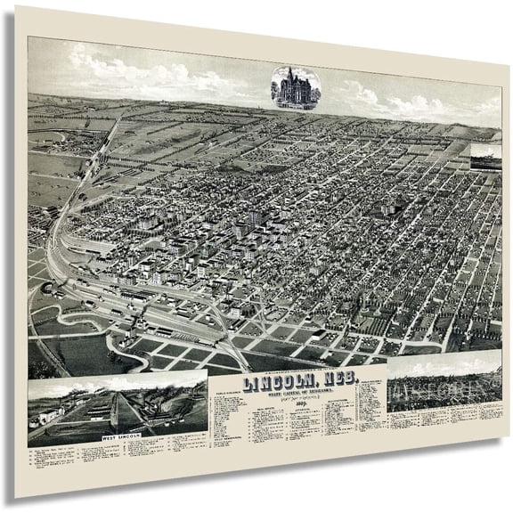 HISTORIX 1889 Lincoln Nebraska Vintage Map Poster Wall Art Print, 18 x 24 Inch