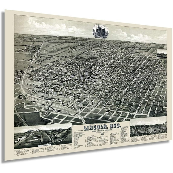 HISTORIX 1889 Lincoln Nebraska Vintage Map Poster Wall Art Print, 24 x 36 Inch
