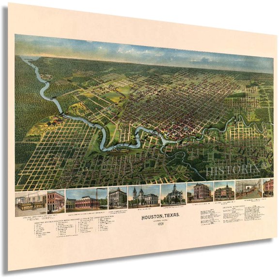 HISTORIX 1891 Houston Texas Map - 18x24 Inch Old Houston Texas Wall Art - Bird's-Eye View Map of Houston TX Looking South - Houston City Wall Map with Index to Points of Interest (2 Sizes)