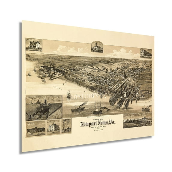 HISTORIX 1891 Newport News Virginia Map Vintage Poster Wall Art Print, 18 x 24 Inch