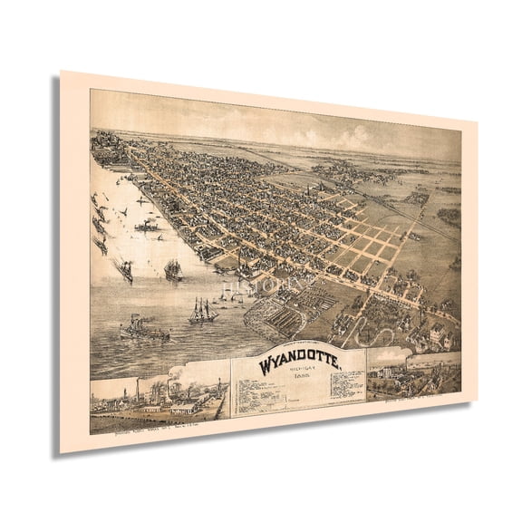 HISTORIX 1896 Wyandotte Michigan Vintage Map Poster Wall Art Print, 24 x 36 Inch