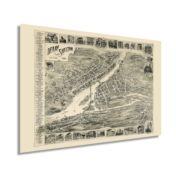 HISTORIX 1898 Derby Shelton & East Derby Connecticut Map Vintage Poster Wall Art Print, 24 x 36 Inch