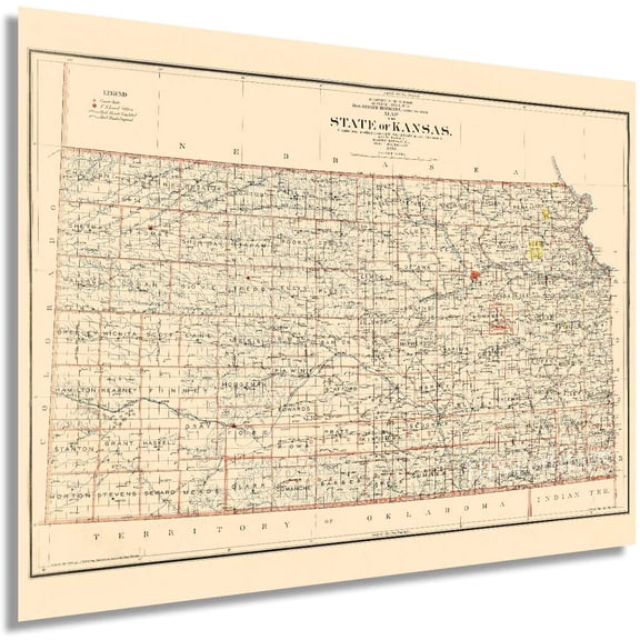 HISTORIX 1898 Kansas State Map - 18x24 Inch Vintage Map of Kansas Wall Art Decor - Old Kansas Map Poster Showing County Seats Land Offices Indian Reservations and Railroads (2 Sizes)