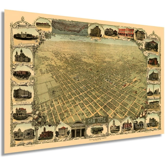 HISTORIX 1901 San Jose California Map - 24x36 Inch Vintage Map of San Jose Wall Art - Old Birds Eye View Historic Map of San Jose CA Includes Illustrations of Points of Interest (2 Sizes)