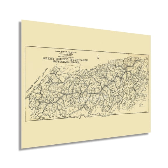 HISTORIX 1934 Great Smoky Mountains National Park Vintage Map Poster Wall Art Print, 18 x 24 Inch