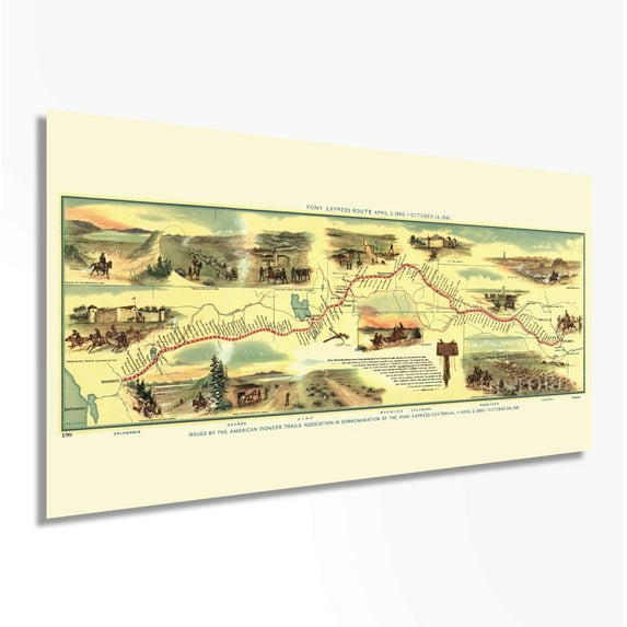 HISTORIX 1960 Pony Express Vintage Map Poster Wall Art Print, 12 x 24 Inch
