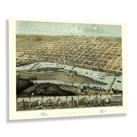 HISTORIX Vintage 1867 Saginaw City Michigan Map Poster - Bird's Eye View of Saginaw Michigan Wall Art Print - Vintage Michigan Map History
