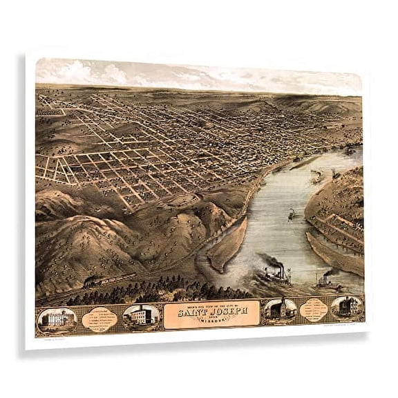 HISTORIX Vintage 1868 Saint Joseph Missouri Map Poster - 24x30 Inch Vintage Bird's Eye View of the City of St Joseph Missouri Wall Art Map Print