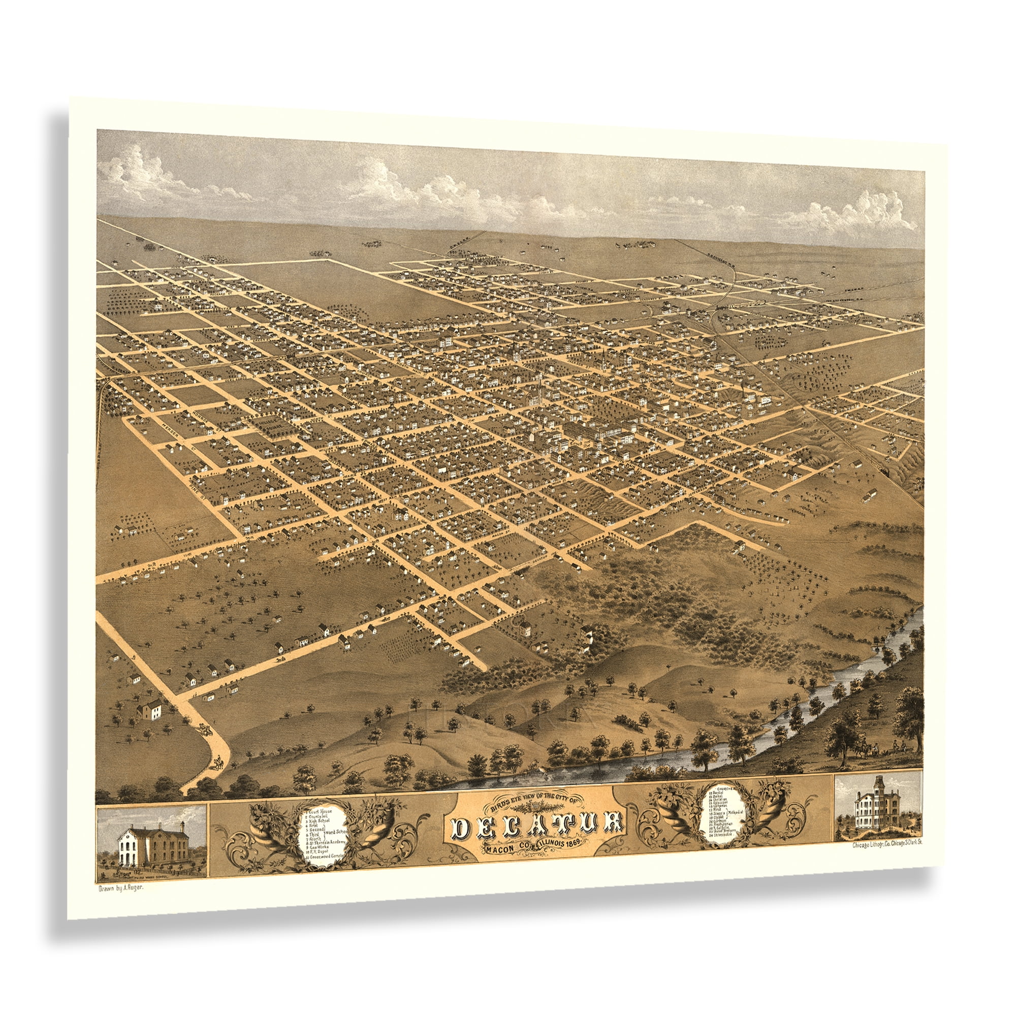 HISTORIX Vintage 1869 Decatur Illinois Map Poster - Vintage Bird's Eye
