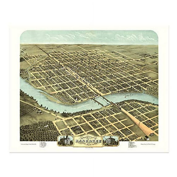 HISTORIX Vintage 1869 Kankakee Illinois Map Poster - 24x30 Inch Old Map of Kankakee Illinois Wall Art - Bird's Eye View History Map of Illinois Poster