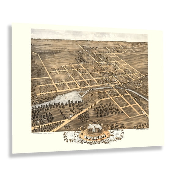 HISTORIX Vintage 1869 Naperville Illinois Map Poster - Old Bird's Eye View of Naperville IL - Naperville Dupage County Illinois Wall Art