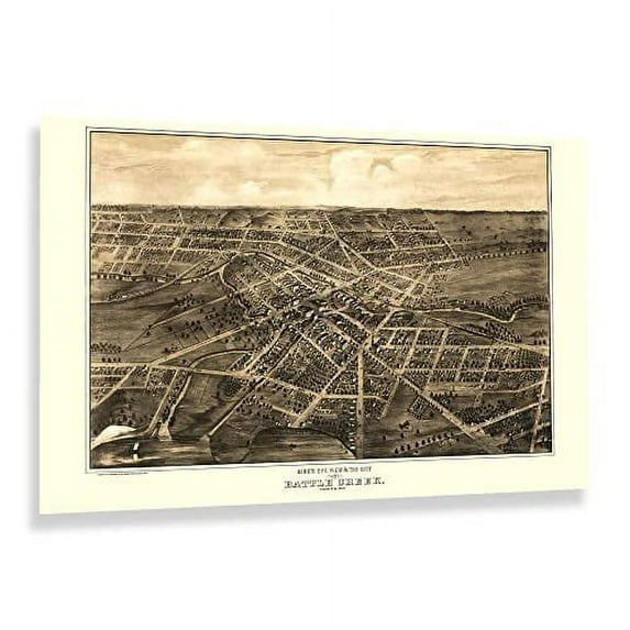 HISTORIX Vintage 1870 Battle Creek Michigan Map Poster - 24x36 Inch Vintage Bird's Eye View of Battle Creek Calhoun County Michigan Wall Map Print
