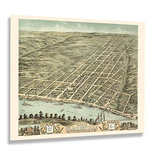 HISTORIX Vintage 1870 Clarksville Tennessee Map Print - 24x30 Inch Old Bird's Eye View of Clarksville Montgomery County Tennessee Wall Map Poster