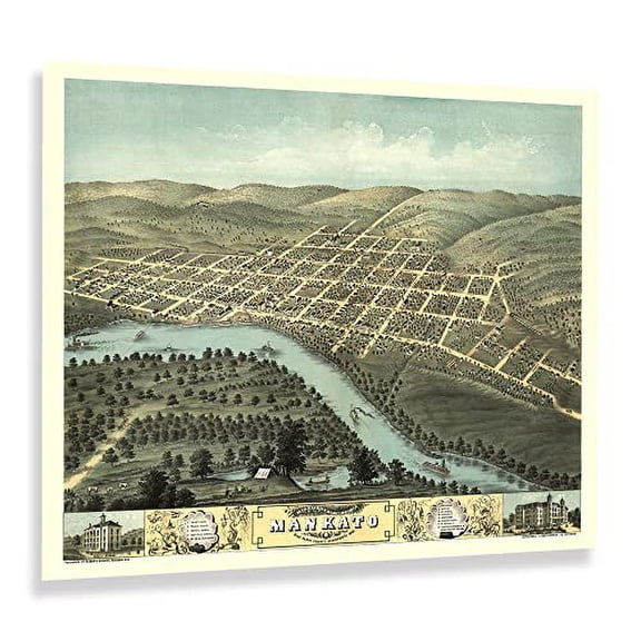 HISTORIX Vintage 1870 Mankato City Blue Earth County Minnesota Map Poster - 24x30 Inch Vintage Bird's Eye View Map of Minnesota Poster Wall Art Print