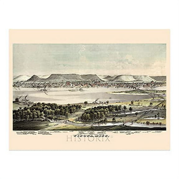 HISTORIX Vintage 1874 Winona Minnesota Map Print - 18x24 Inch Vintage Wall Map of Minnesota Poster - Bird's Eye View Map of Winona Minnesota Wall Art