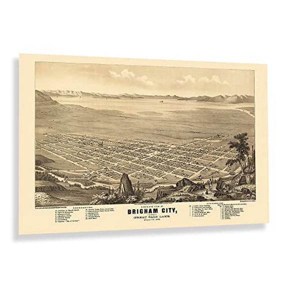 HISTORIX Vintage 1875 Brigham City and Great Salt Lake Utah Map Poster - 24x36 Inch Vintage Bird's Eye View Map of Utah Print Wall Art Poster