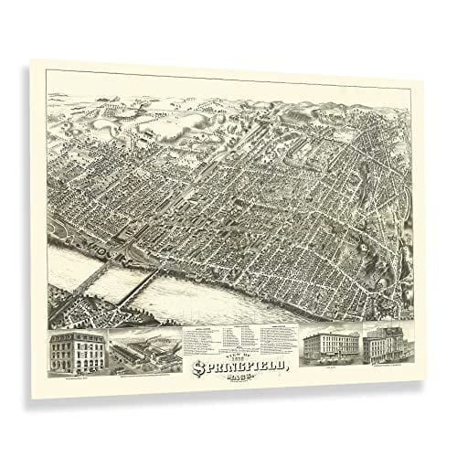 HISTORIX Vintage 1875 Springfield Massachusetts Map Print - 18x24 Inch Old Bird's Eye View Map of Springfield Massachusetts Wall Art Poster