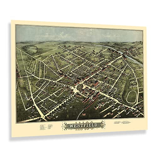 HISTORIX Vintage 1875 Westfield Massachusetts Map Print - 18x24 Inch Old Bird's Eye View of Westfield Massachusetts Poster - Westfield MA Map History