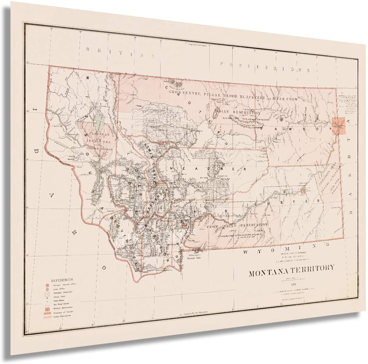 Vintage 1879 Montana State Map Poster in 18x24 Inch