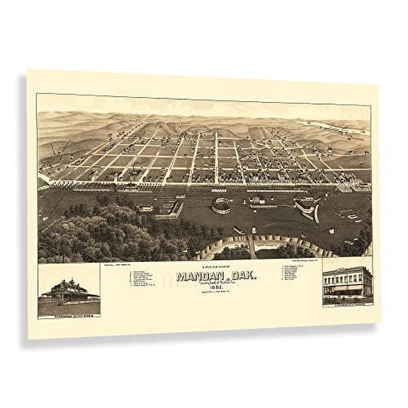 HISTORIX Vintage 1883 Mandan North Dakota Map Poster - 16x24 Inch Old Bird's Eye View of Mandan City Morton County North Dakota State Map Wall Art