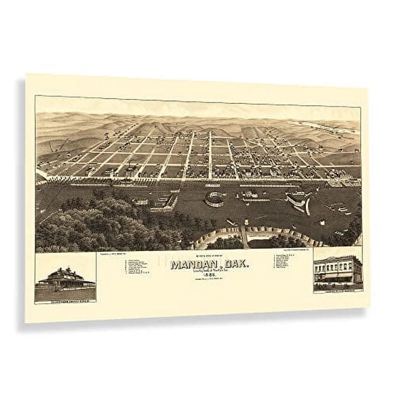 HISTORIX Vintage 1883 Mandan North Dakota Map Poster - 24x36 Inch Old Bird's Eye View of Mandan City Morton County North Dakota State Map Wall Art