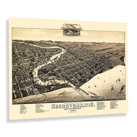 HISTORIX Vintage 1885 Sheboygan City Wisconsin Map Poster - 18x24 Inch Historic Bird's Eye View of Sheboygan Map of Wisconsin State Print Wall Art