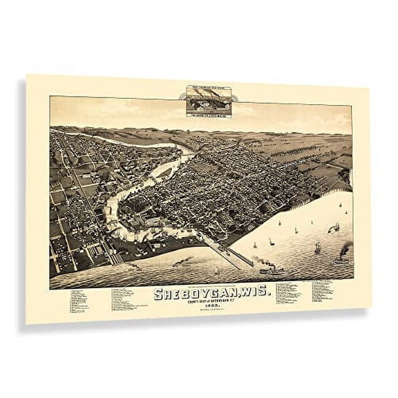 HISTORIX Vintage 1885 Sheboygan City Wisconsin Map Poster - 24x36 Inch Historic Bird's Eye View of Sheboygan Map of Wisconsin State Print Wall Art