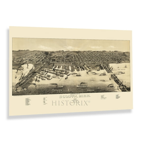 HISTORIX Vintage 1887 Duluth Minnesota Perspective Map Poster - 24x36 Inch History Map of Minnesota Wall Art - Bird's Eye View of Duluth MN Map Print