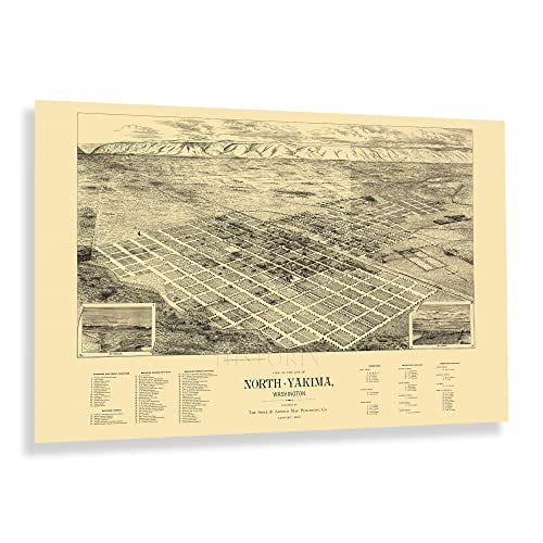 HISTORIX Vintage 1889 North Yakima Washington State Map Poster - 24x36 Inch Old View of the City of North Yakima Washington Map Print Wall Art