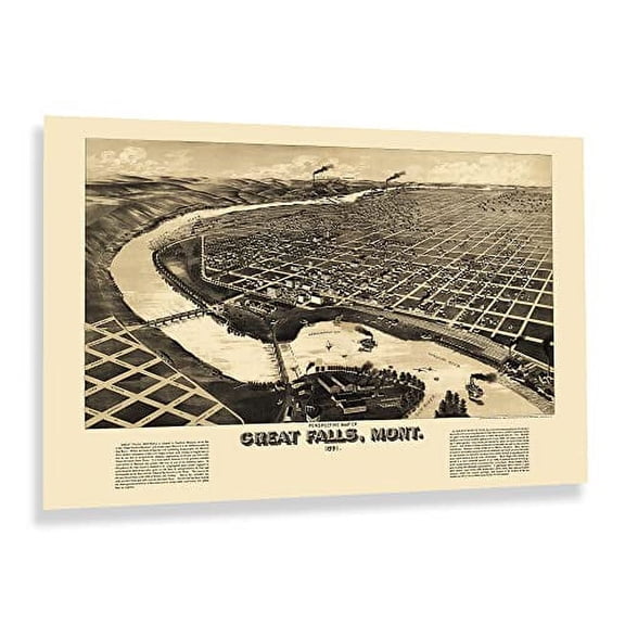 HISTORIX Vintage 1891 Great Falls Montana Map Poster - 24x36 Inch Bird's Eye View of Great Falls City Montana Map Wall Art - Old Wall Map of Montana