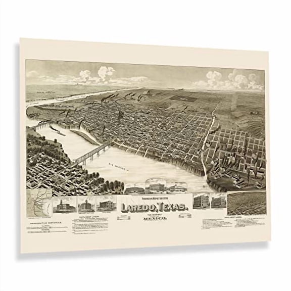 HISTORIX Vintage 1892 Laredo Texas Map Print - 18x24 Inch Old Perspective Map of Laredo Texas Gateway to Mexico - Vintage Texas Map Wall Art Poster