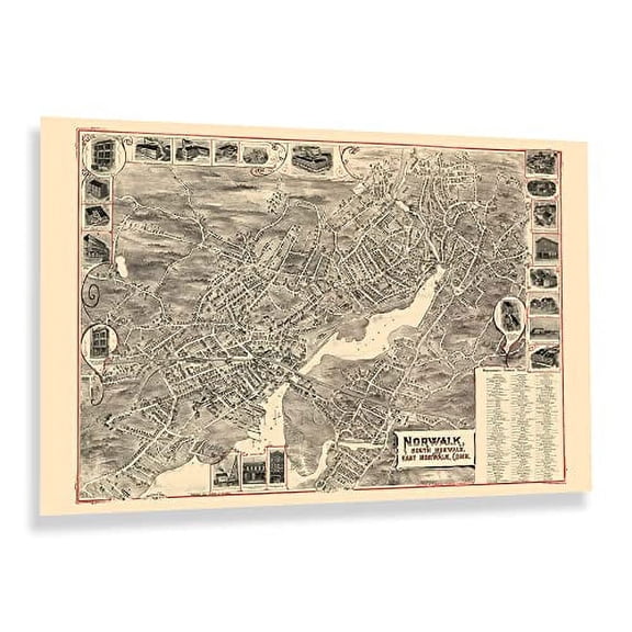HISTORIX Vintage 1899 Norwalk Connecticut Map Poster - 24x36 Inch Old Bird's Eye View of Norwalk South Norwalk & East Norwalk Connecticut Map Wall Art